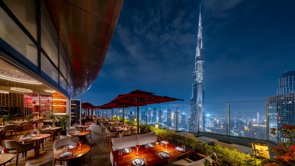Panoramic rooftop view from CÉ LA VI Dubai featuring the Burj Khalifa during an exclusive VIP corporate party.