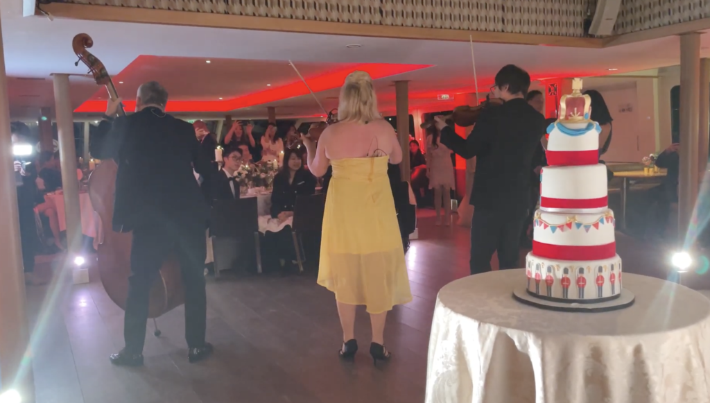 Comedy String Quartet London performing at a coprorate event on the Silver Sturgeon.